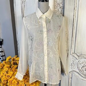 Sonya Ratay Vintage Made in the USA Cream Sheer Embroidered Long Sleeve Blouse
